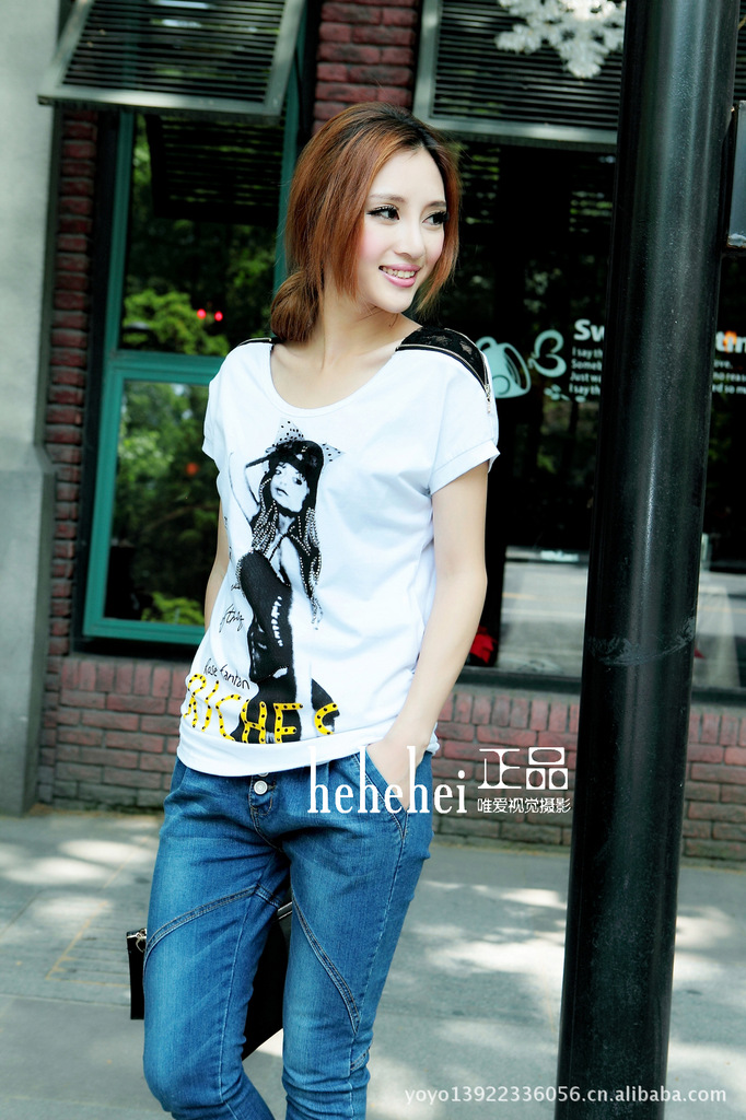 hehehei呵呵嘿专柜正品日韩欧美风格女士短袖蕾丝拉链女郎t恤批发