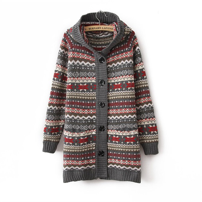 韩版冬季 修身中长款雪花图案加厚加绒毛衣外套 开衫毛衣 女mya3