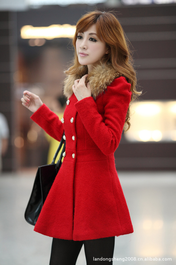 冬装新品 毛呢外套 女大衣 冬季修身羊毛领双排扣修
