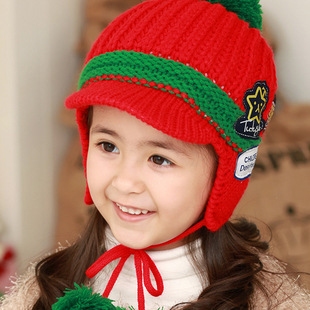 韩国冬款儿童帽子 纯色贴布多标毛线帽子 宝宝冬款保暖帽子12324
