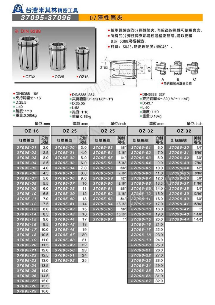 产品名称: 弹性筒夹夹头 品牌: 米其林 型号: 37095 规格: 37095 材质