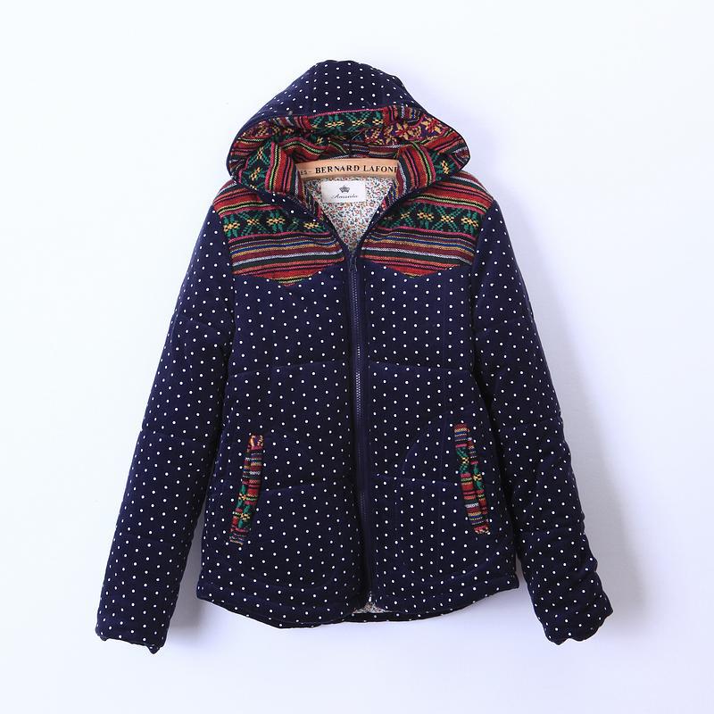 日系民族图案拼接款波点条绒棉衣棉服