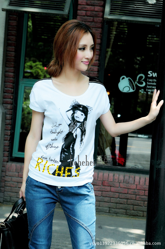 hehehei呵呵嘿专柜正品日韩欧美风格女士短袖蕾丝拉链女郎t恤批发