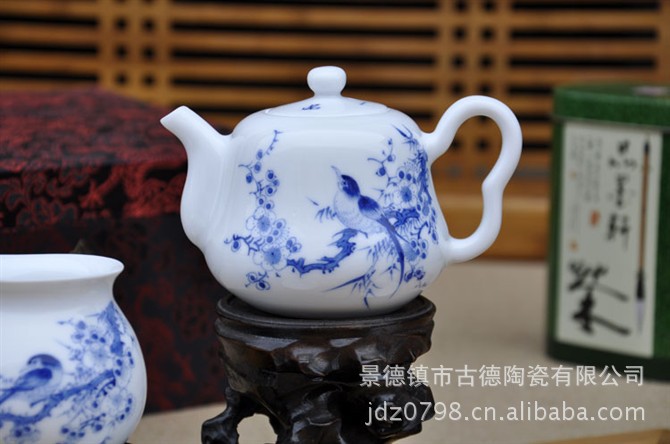 精品景德镇手绘青花功夫茶具批发礼品套装花鸟系列秋菊佳色
