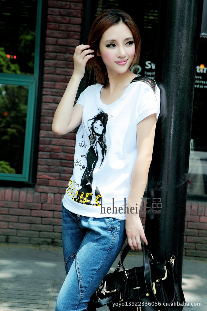hehehei呵呵嘿专柜正品日韩欧美风格女士短袖蕾丝拉链女郎t恤批发