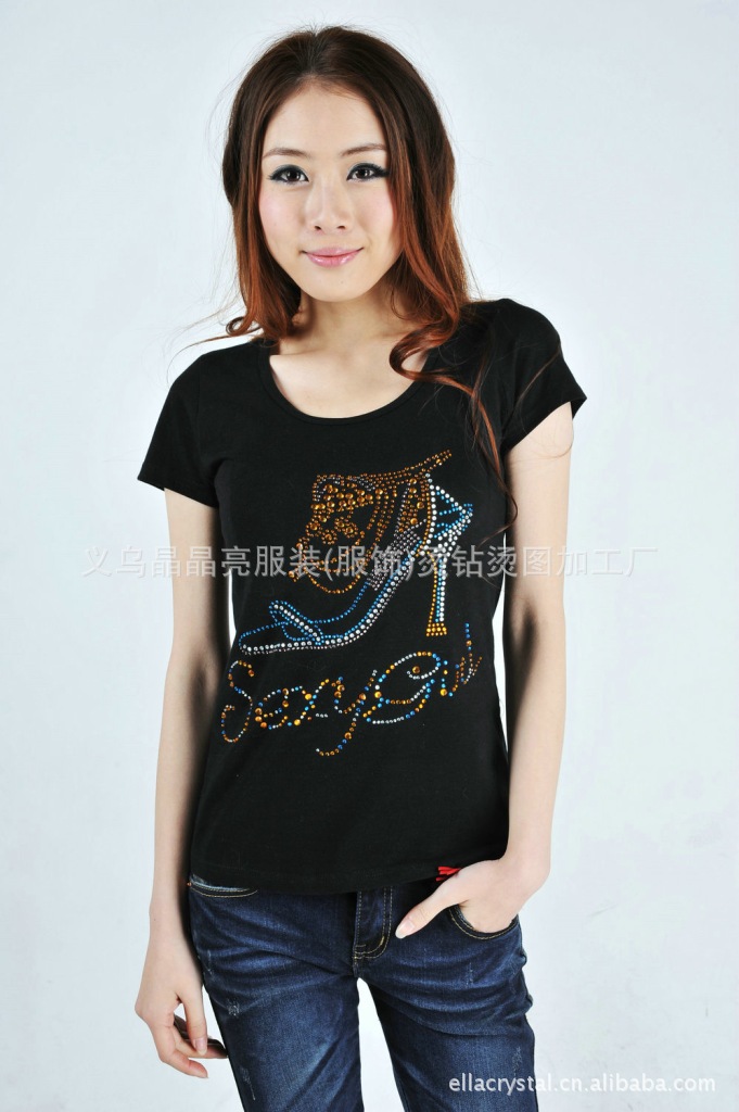 烫钻女式t恤衫/短袖/短款 灰色/白色/黑色 义乌服装厂家