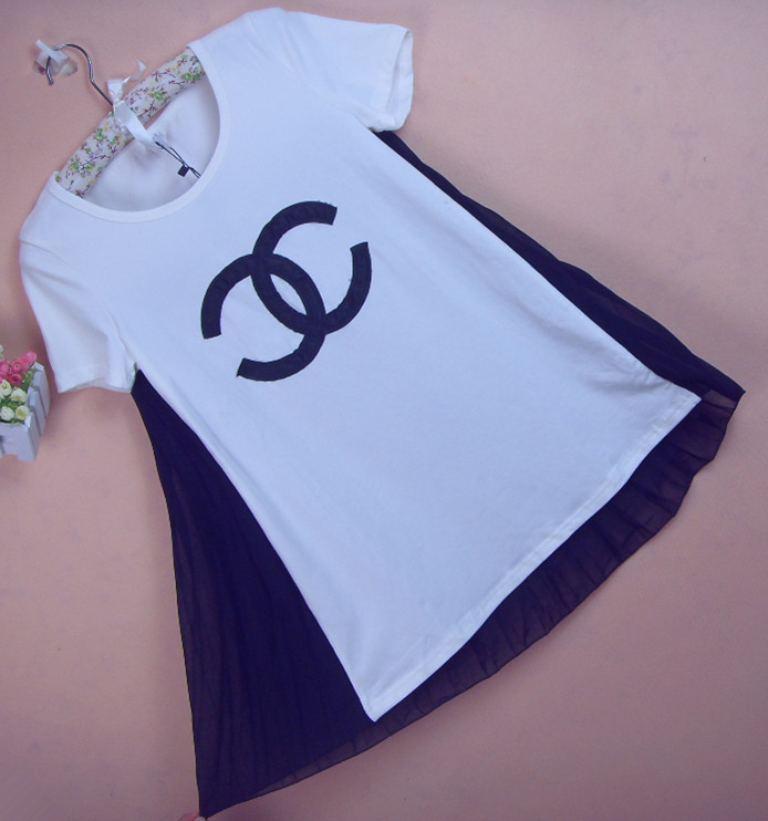 2012韩版新款 夏季女式香奈儿绣花 棉氨雪纺圆领宽松套头短袖t恤