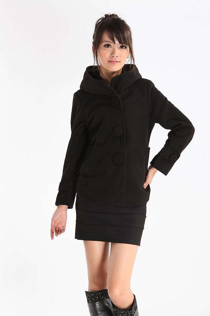 2012秋冬季新款爆款韩版纯色带帽大纽扣女式毛呢短款外套