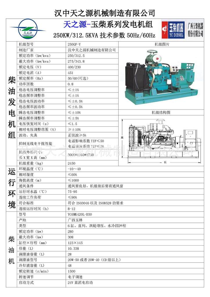 厂家直销250kw玉柴柴油发电机组,公路抢修备用柴油发电机组