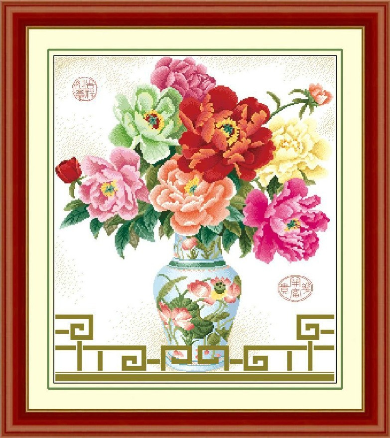 厂家直销|富丽堂皇|牡丹花瓶|怡美电脑十字绣|机绣成品|居家精品