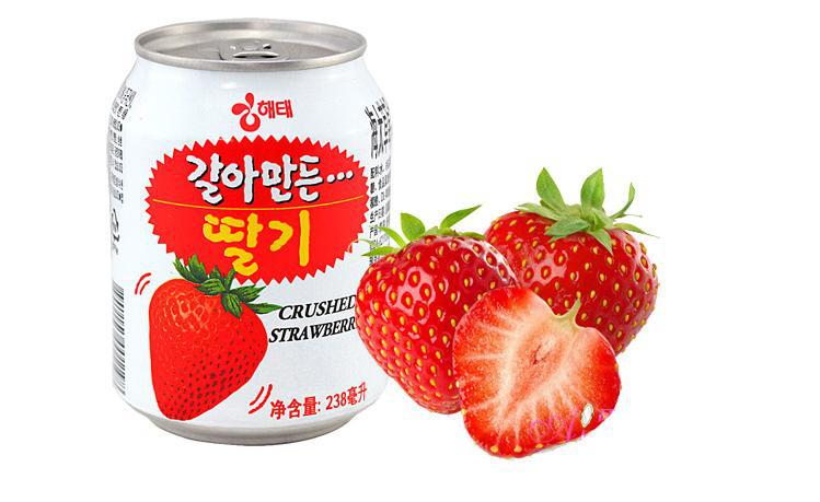 韩国食品进口饮料 果味饮料海太草莓果汁 大粒果肉听装238ml