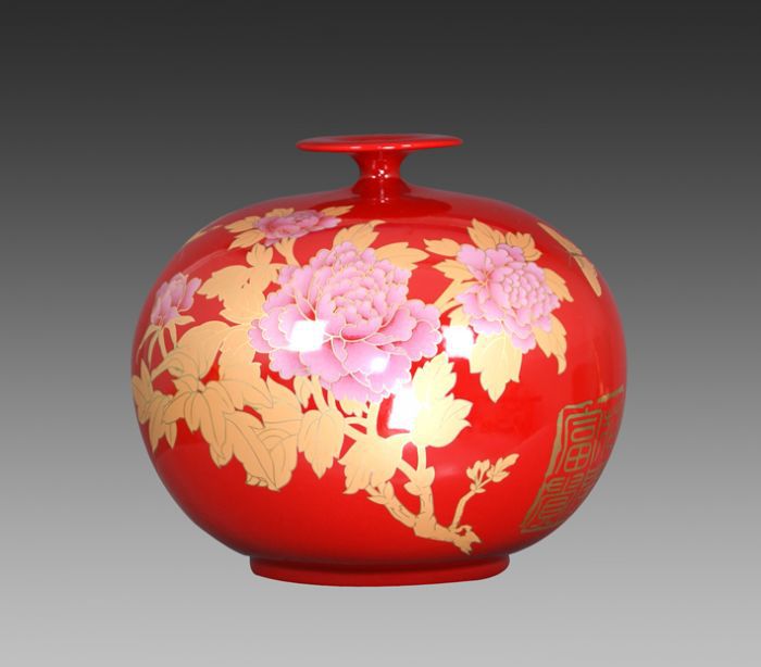 零售 中国红牡丹 陶瓷器花瓶客厅摆件 红色婚庆陶瓷 创意家.