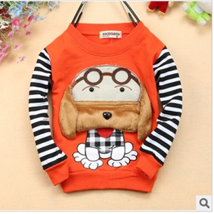 大耳朵哈巴小狗卡通秀横条袖子纯棉圆领衫童装批发