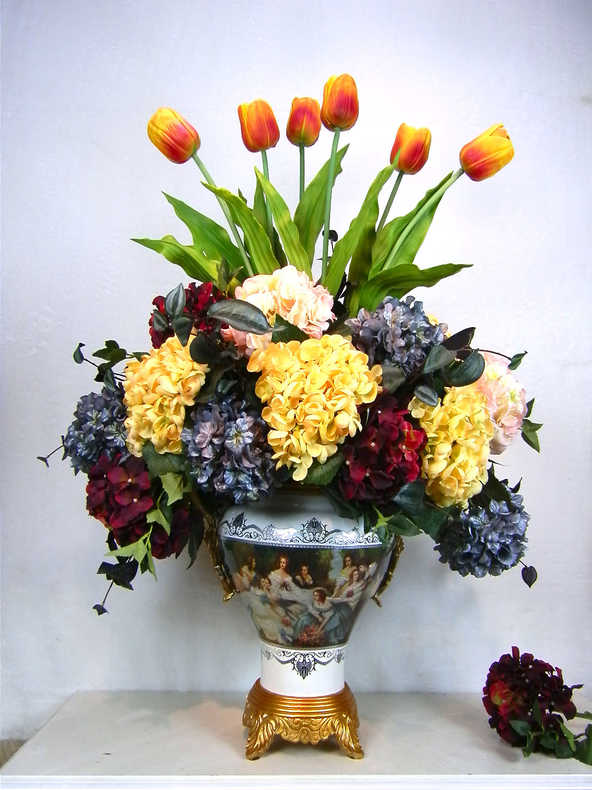 爆款低价仿真欧式花艺插花 彩绘宫廷花瓶整体套装高仿绢花 绢.