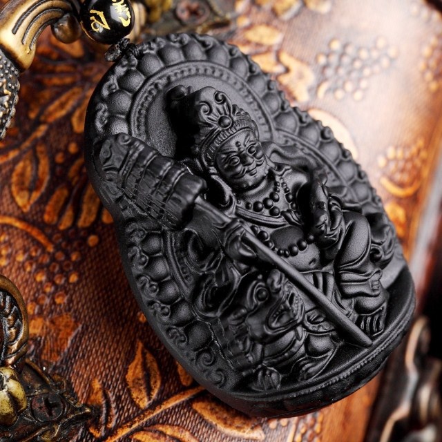 开光天然黑曜石虚空藏菩萨吊坠 生肖牛虎本命佛守护神顶级磨砂