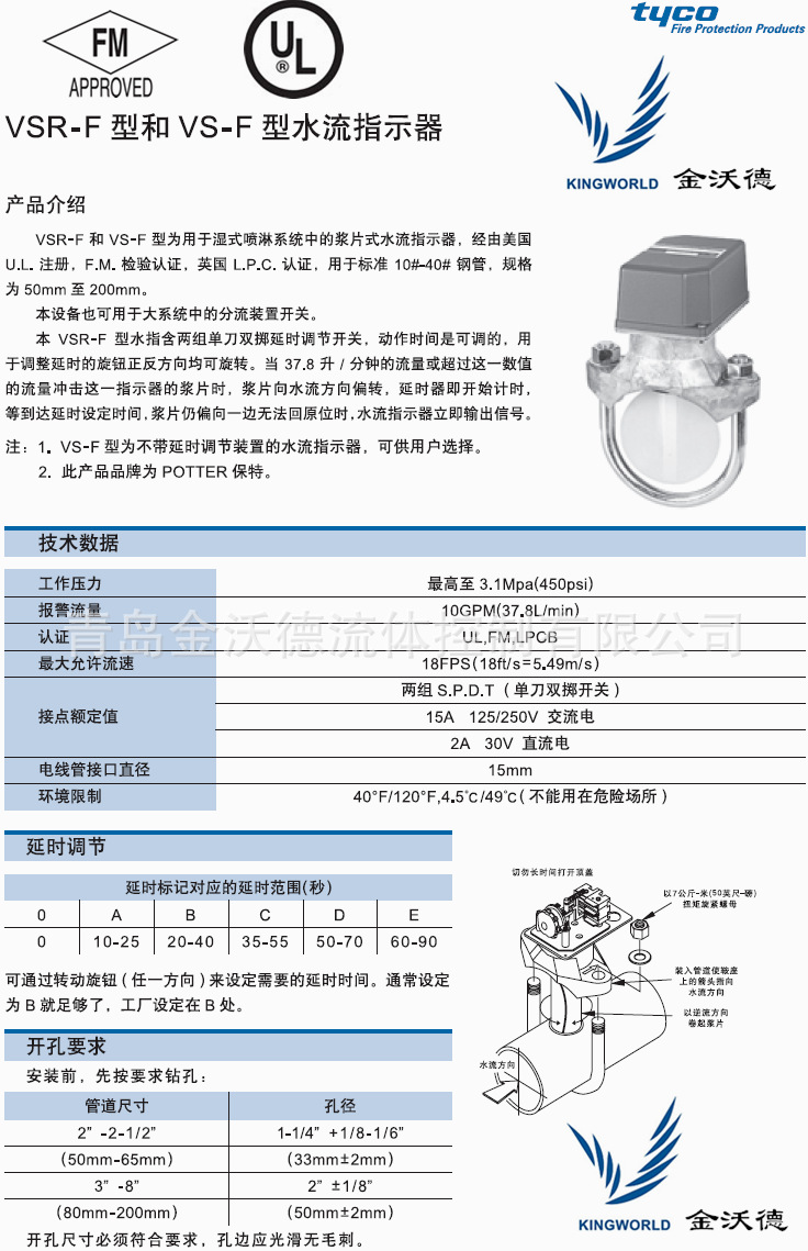 泰科potter vs-f 型dn100水流指示器 fm/ul/3c認證