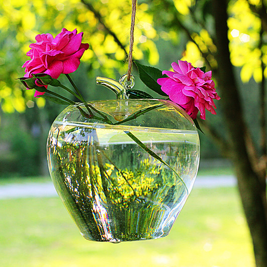创意苹果形玻璃花瓶 悬挂式透明水培花器 时尚欧式家居装饰品