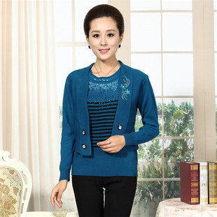 新品中年女装针织开衫假两件套宽松毛衣中老年妈妈装外套针织衫