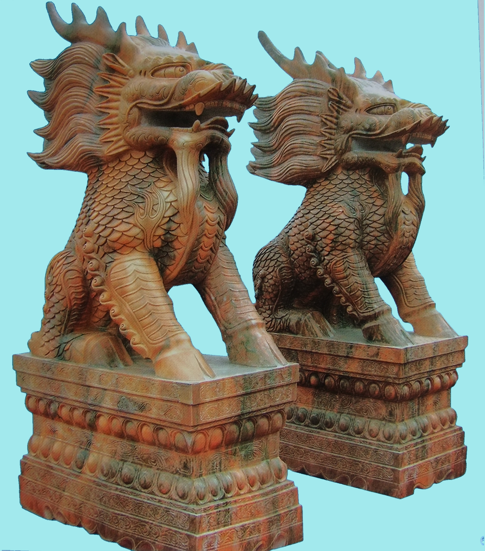 石雕招财麒麟 门口石麒麟 晚霞红辟邪麒麟 大理石镇宅麒麟批发