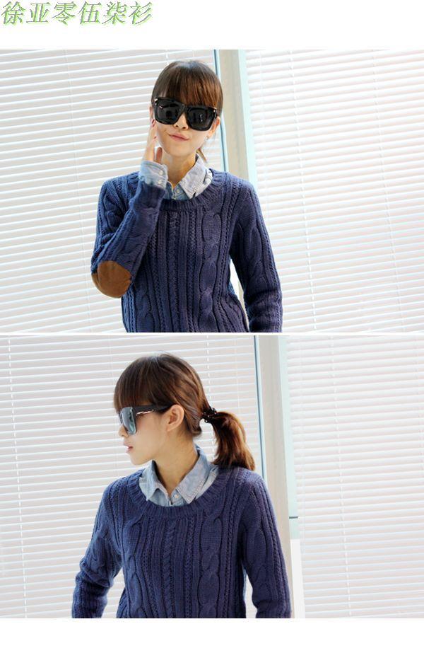 批发秋冬女装韩版复古棒针粗毛线麻花圆领套头补丁长袖毛衣