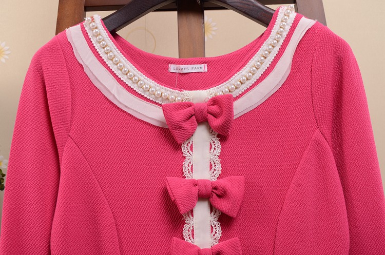 件代发2013韩版新秋长袖连衣裙 蝴蝶结蕾丝花边拼接珍珠领女装】价格