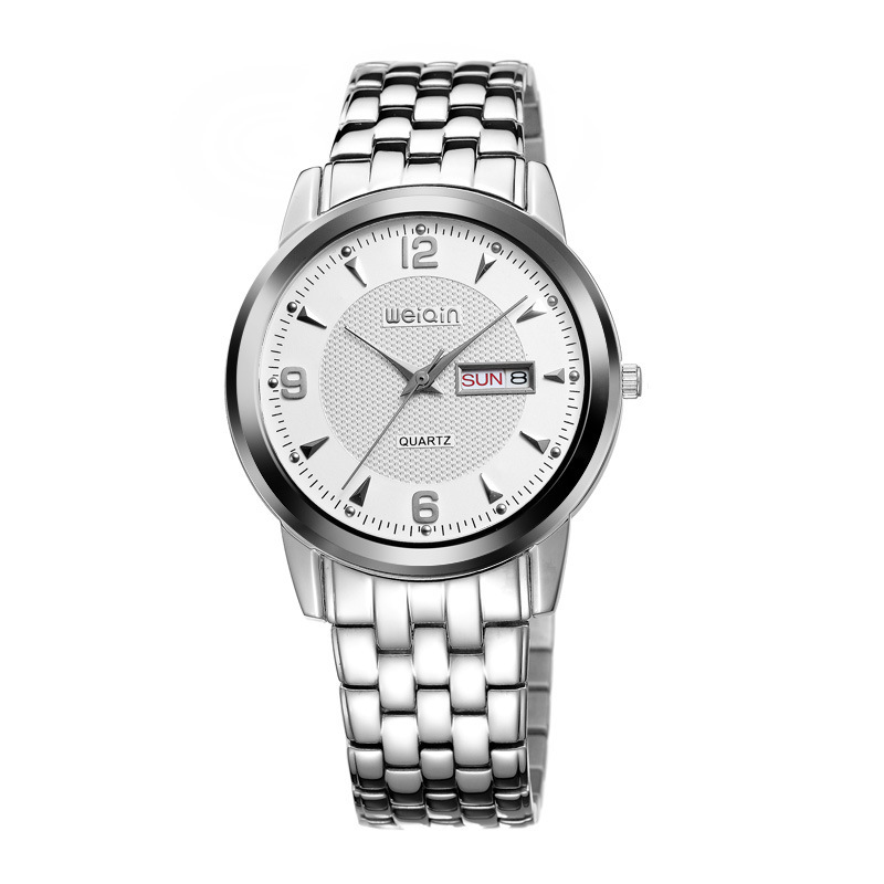 【厂家直销】304实心钢带 双日历显示精钢手表 w2113ag