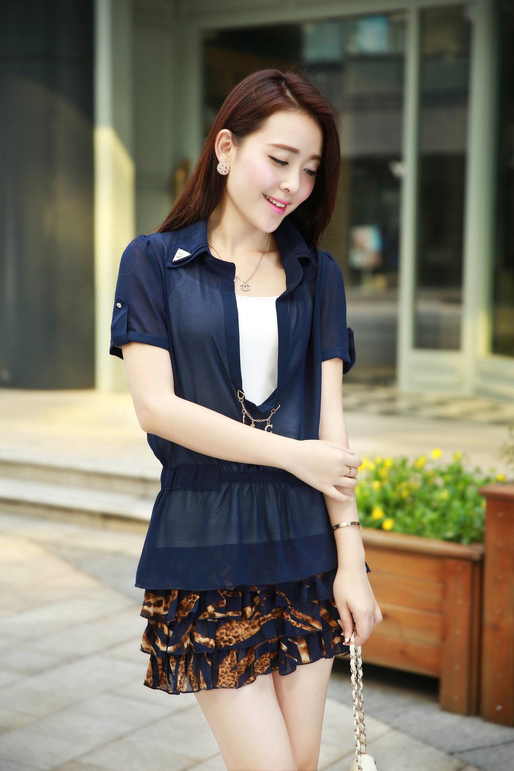 新款夏装韩版百搭时尚两件套连衣裙 气质印花雪纺显瘦套裙1309