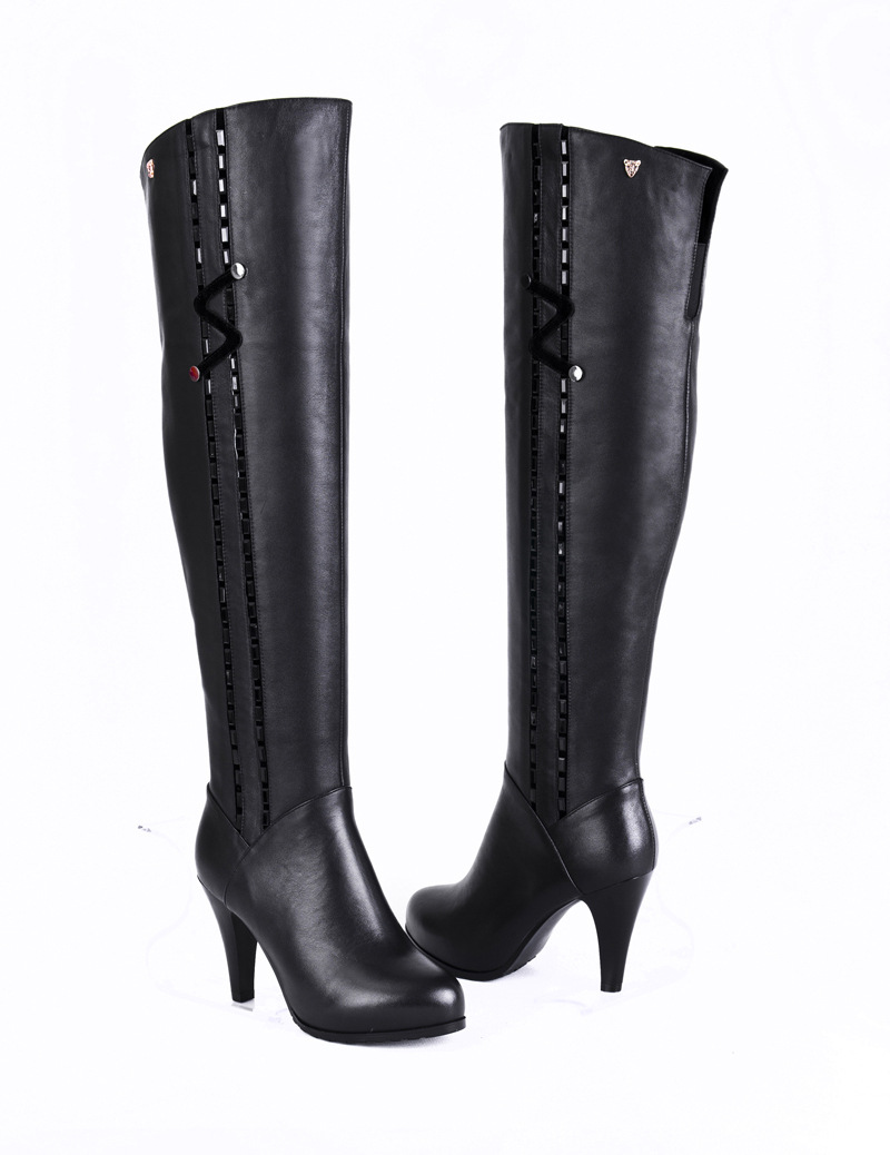 2013新款女靴秋冬真皮靴子 内防水高跟长靴 细跟长筒骑士靴马丁图片