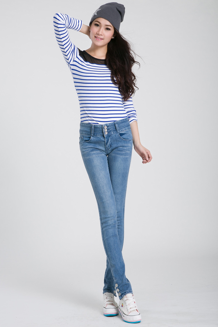 韩版女士中腰小脚牛仔裤 拉长腿部线条 水洗铅笔裤 显瘦时尚百搭