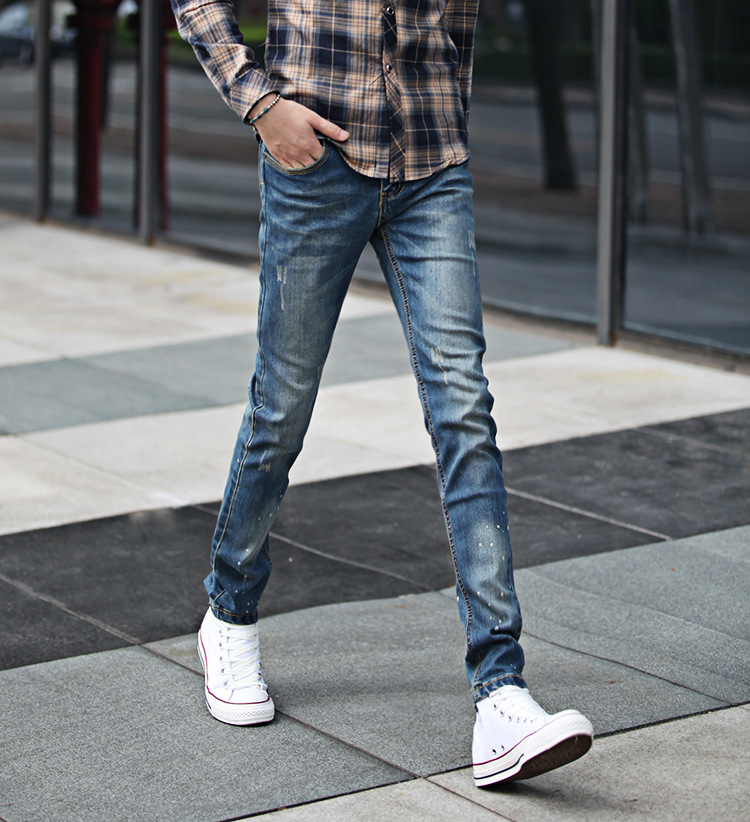 淘宝厂韩版男式铅笔裤小脚裤中腰洗水情侣裤男装牛仔长裤