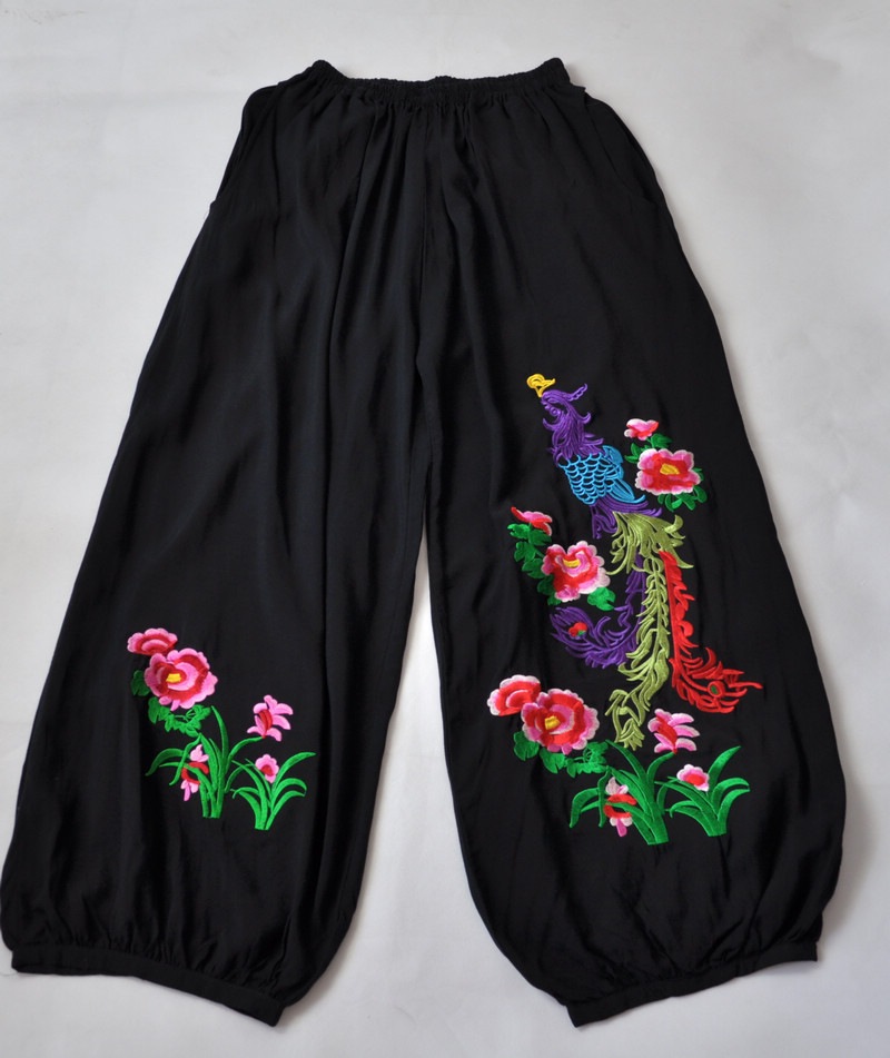 麻凡布衣 民族风绵绸孔雀裤 中国风灯笼裤 大档裤子 绣花裤子批发