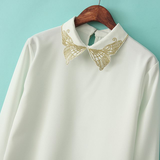 现货批发 冬装新款韩版女式刺绣蝴蝶领百搭棉白衬衫潮女b87