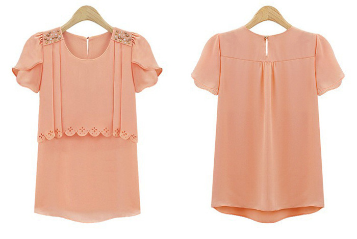 欧美女装夏季2013新款郁金香袖假两件圆领短袖雪纺衫批发r8021