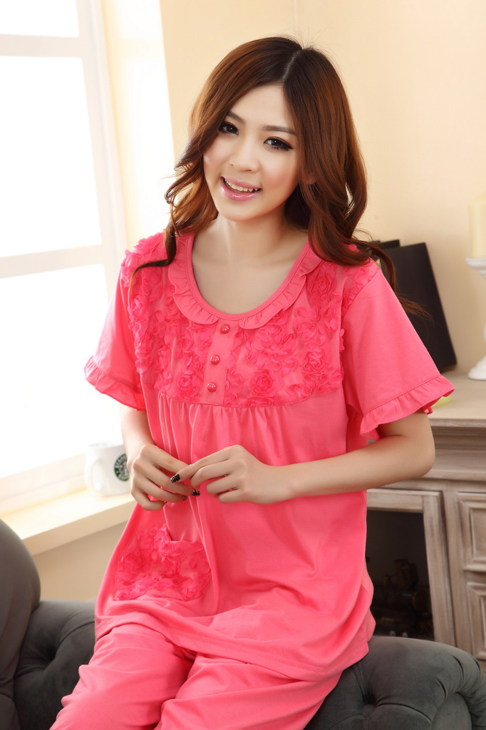 2013夏季短袖睡衣玫瑰花朵圆领套头女士休闲睡衣家居服套装图片_8