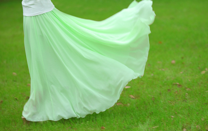 夏季新款雪纺仙女大摆长裙三层拖地长裙波西米亚雪纺裙百褶长裙