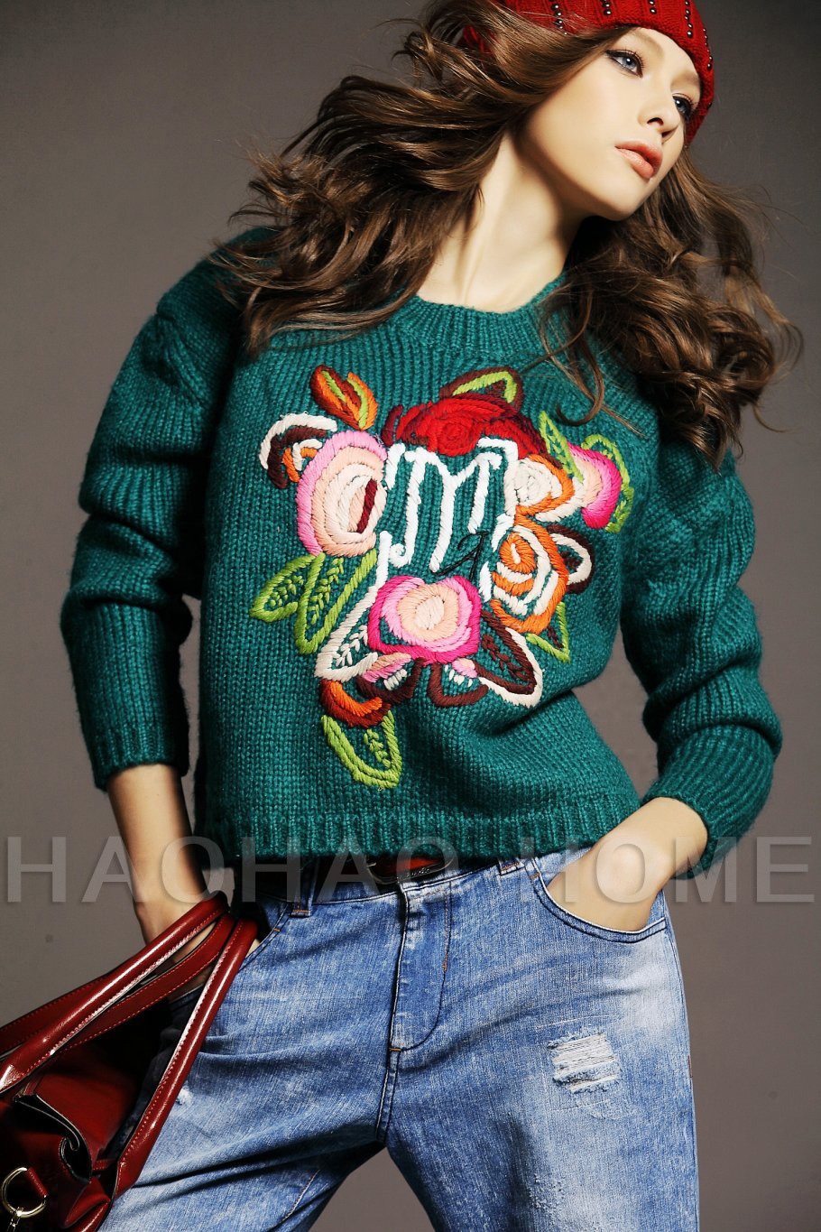 2013秋装新款花朵刺绣绣花粗棒针织长袖上衣毛衣图片_6