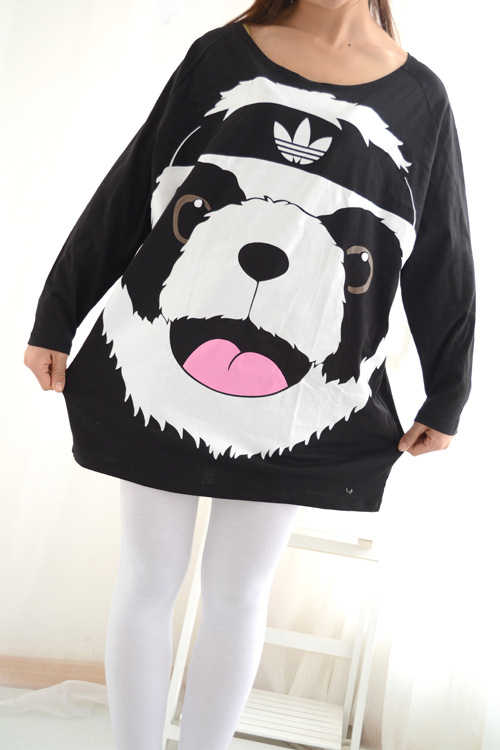 春装新品三叶草熊猫宽松长袖t恤女款大码长款宽松纯棉打底衫