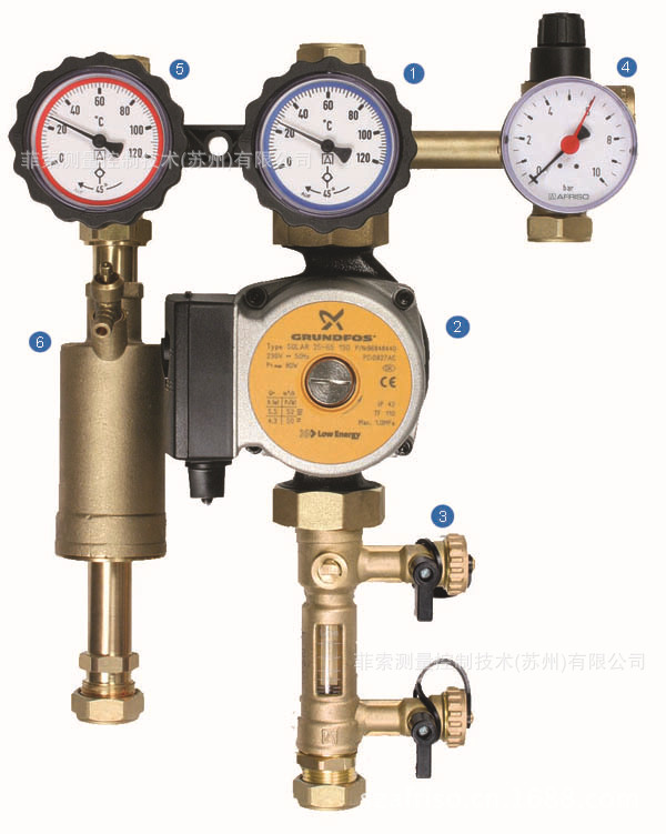 1 回水流量控制閥,帶溫度表和止回閥 2 太陽能循環泵 3 注液清洗