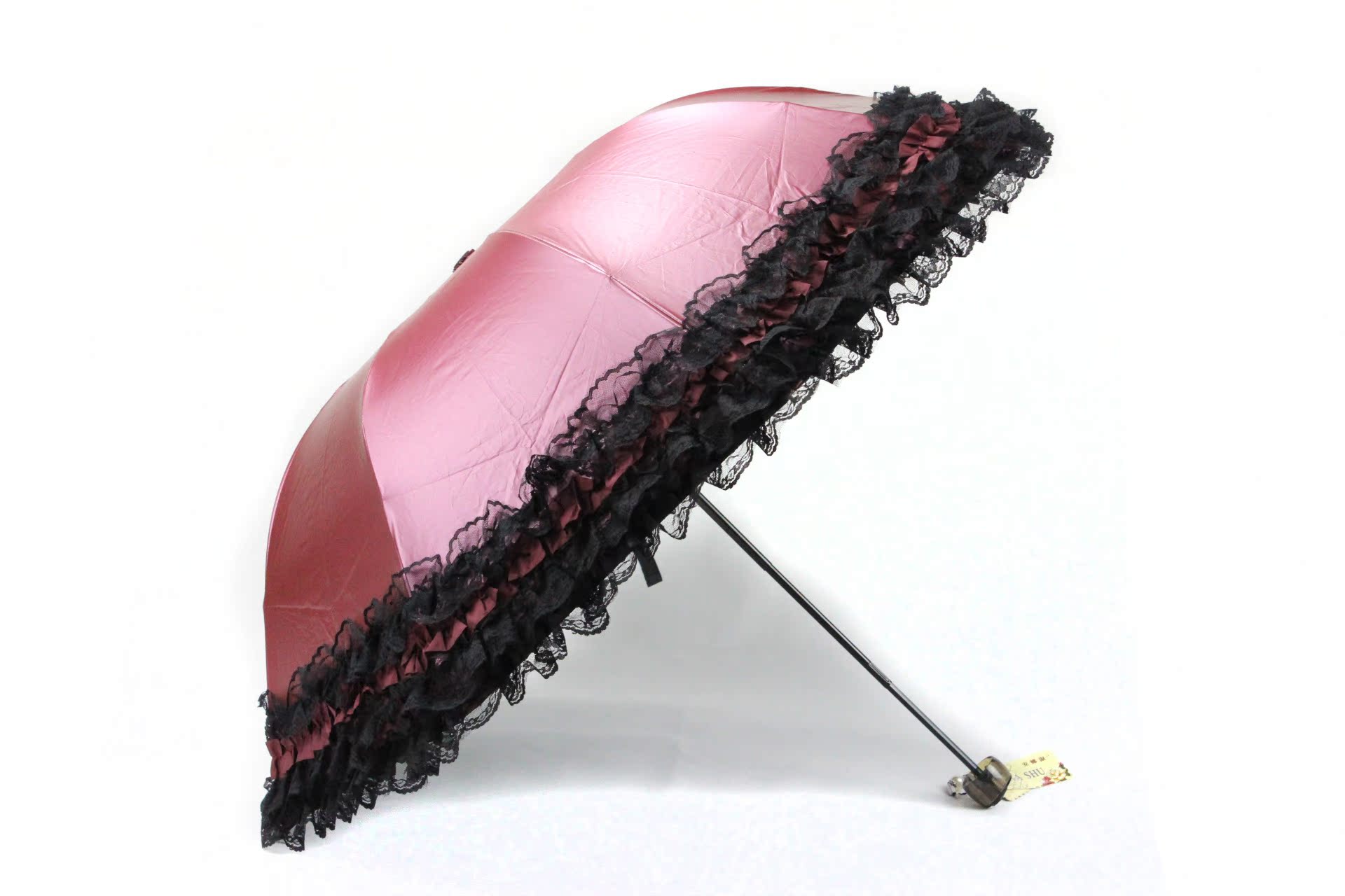 安娜淑黑色三层蕾丝花边素色女士遮阳伞