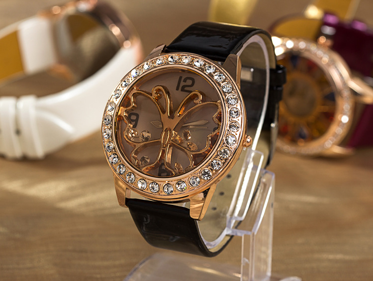 disco表 时尚女士镶钻皮质手表 批发速卖通新款水钻蝴蝶皮革手表