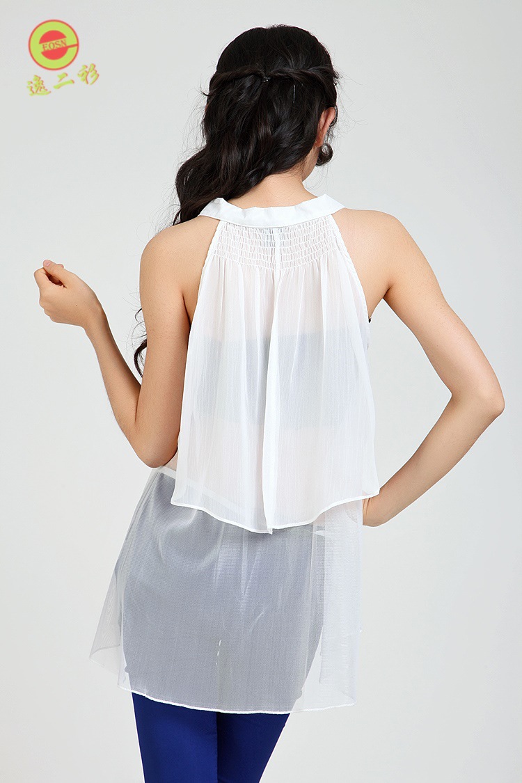 eosn逸二衫百搭女装新款雪纺绉宽松企领开胸间缩无袖衫