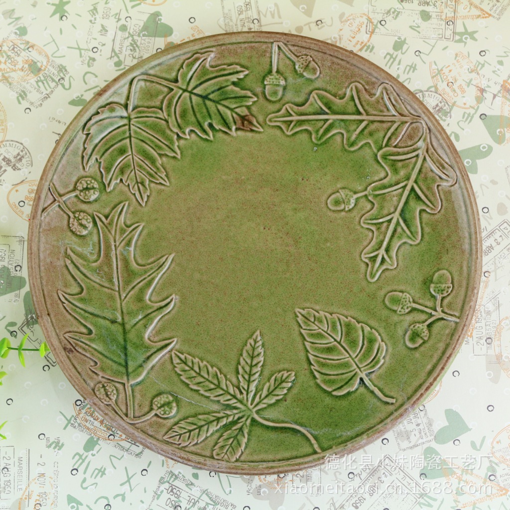 创意餐具绿色叶圆盘陶瓷浮雕花草盘子菜盘瓷器花盆底盘