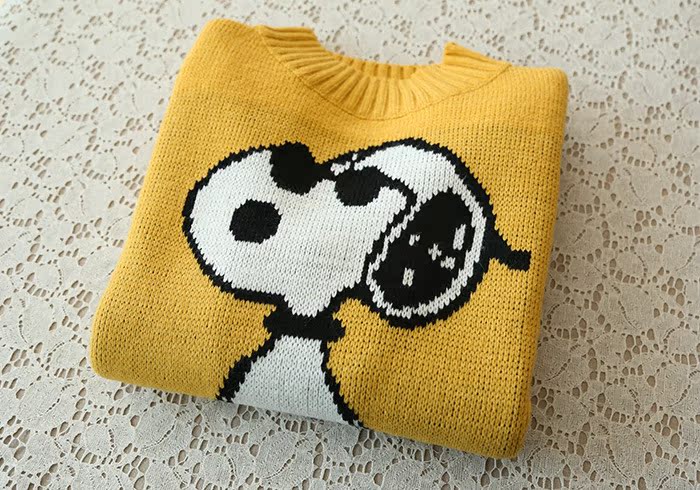 319-0007日本原单明星款可爱史努比双面针织修身百搭套头毛衣秋冬