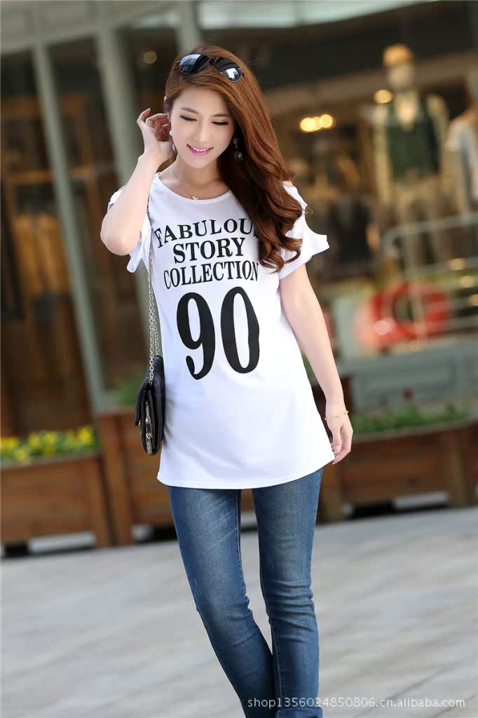 t恤 夏季新品韩版字母数字宽松大码露肩短袖t恤~女式短袖t恤a361