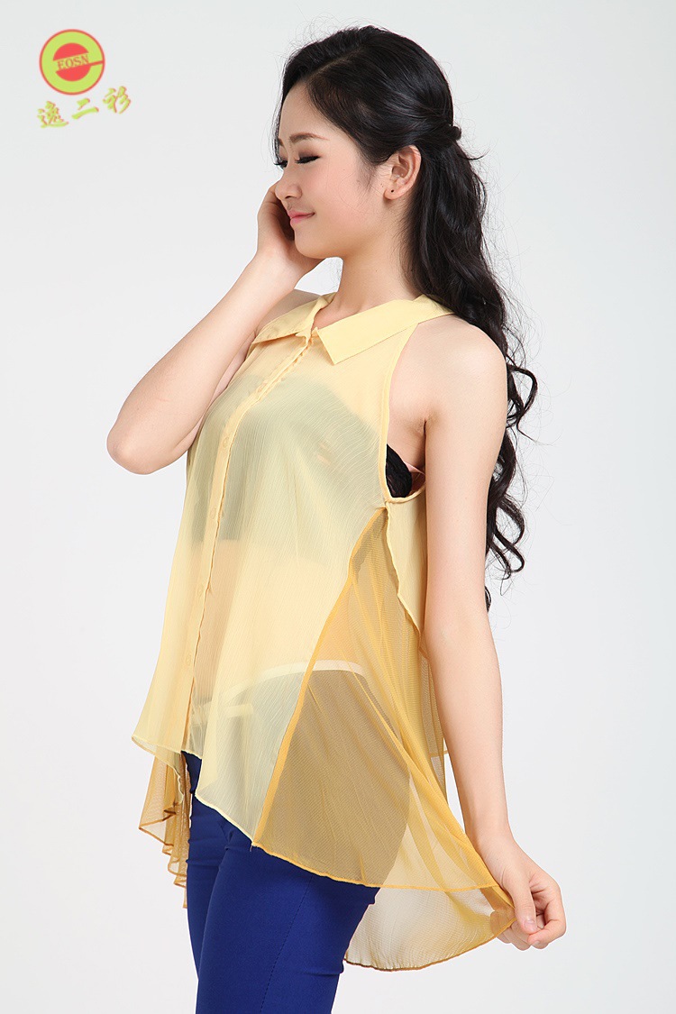 eosn逸二衫百搭女装新款雪纺绉宽松企领开胸间缩无袖衫