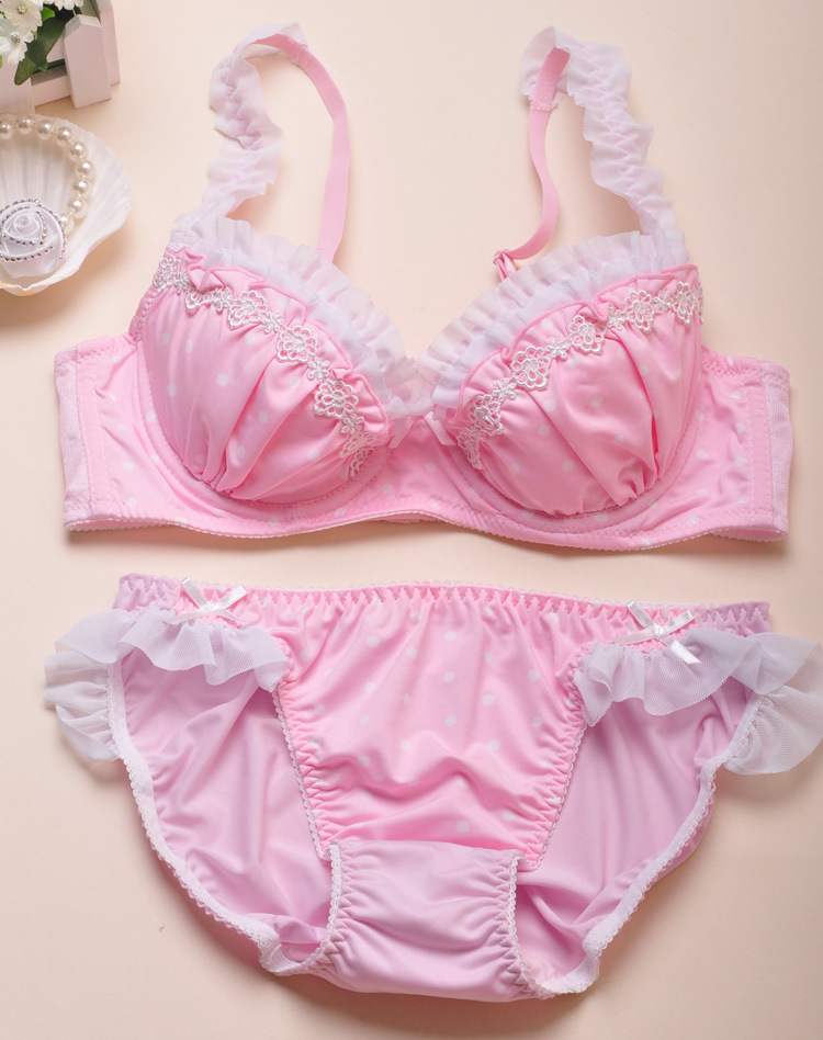 日单内衣批发 粉色乔其纱 白色网眼飞边 圆点图案