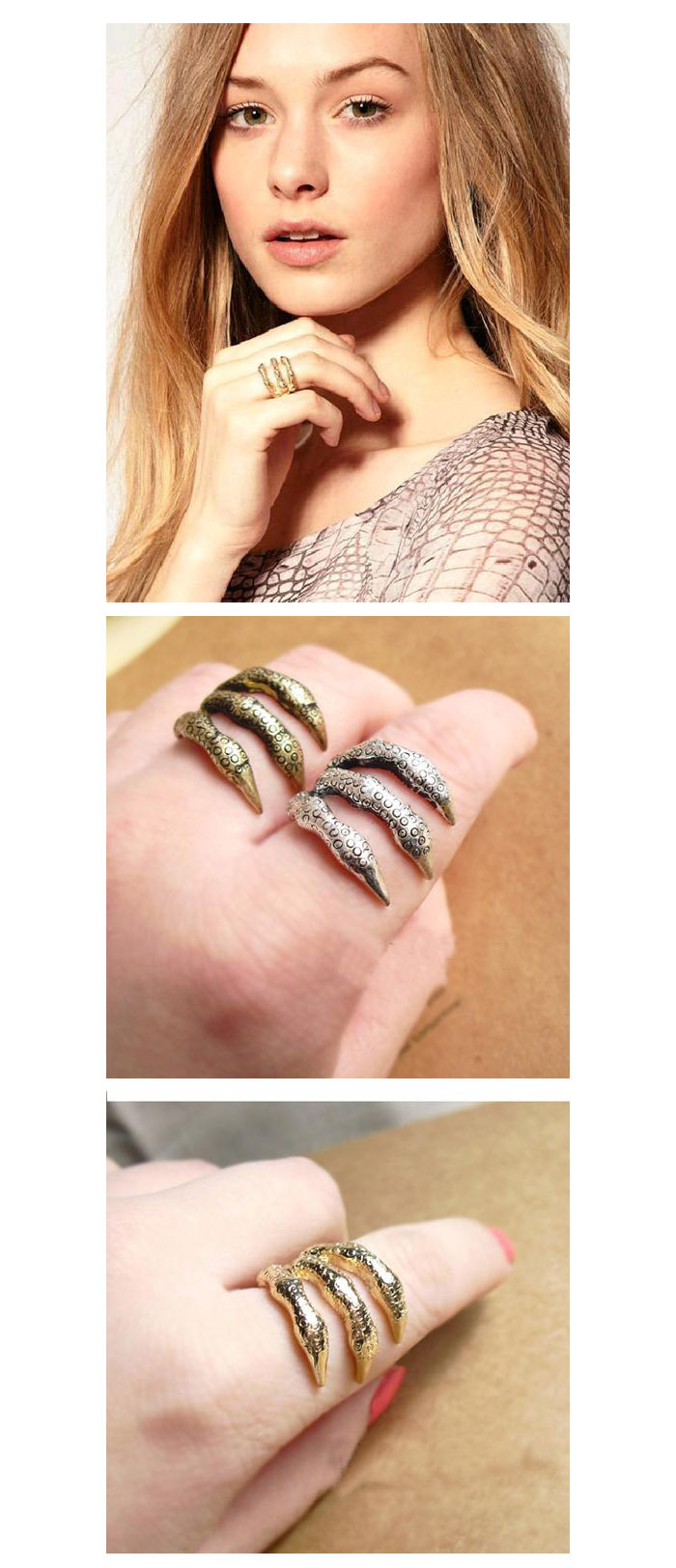 欧美官网新款骷髅手指环 朋克尖爪恶魔纹理鹰爪子复古戒指 批发