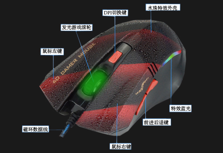 网吧游戏专用鼠标 Q1水珠特效外壳防磨擦6D游戏鼠标