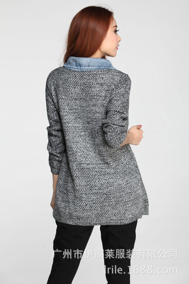 2013品牌冬装 韩版牛仔拼接针织开衫 时尚假两件套针织衫28160