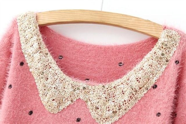 2013冬装新款毛衣甜美韩版女装娃娃领打底针织衫波点亮片加厚毛衣